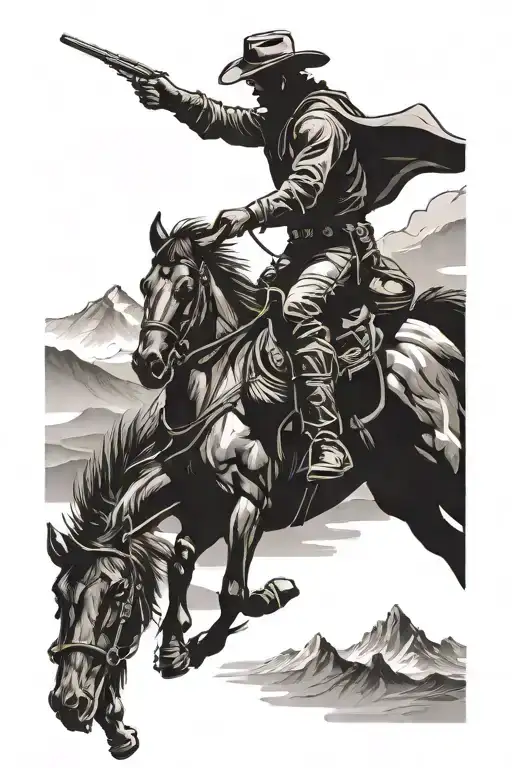 A Majestic Mountain Range With A Silhouette Of A Cowboy On Horseback
