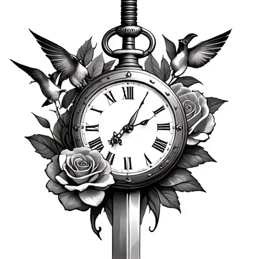Tattoo With A Sword With A Pocket Watch Watch Wrap3d Around It With A Rose And A Hummingbird