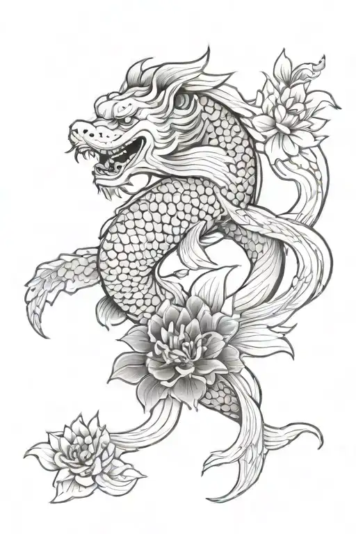 Japanese Koi And Foo Dog With Flowers