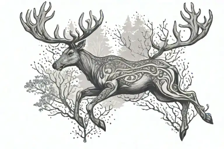 Create A Dotwork Design Of A Raindeer Gracefully Leaping Through A Forest