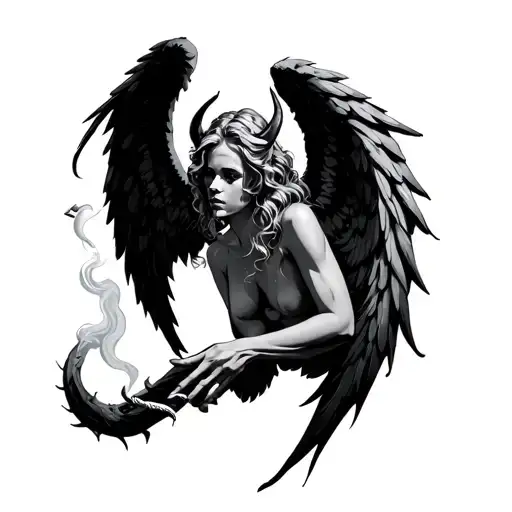 Angel Smoking A Cigarette With One Devils Wing