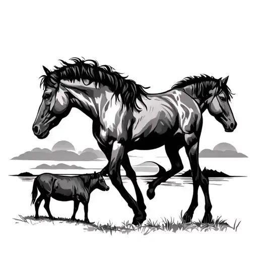 Cross Tatto With Horses And Cows In A Sunset