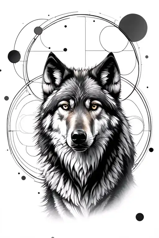Black And Grey Realistic Loth Wolf With Geometric Circles In Background