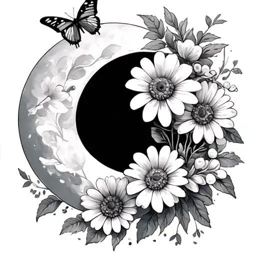 Half Moon With Margueritte And Work Flowers With A Butterfly