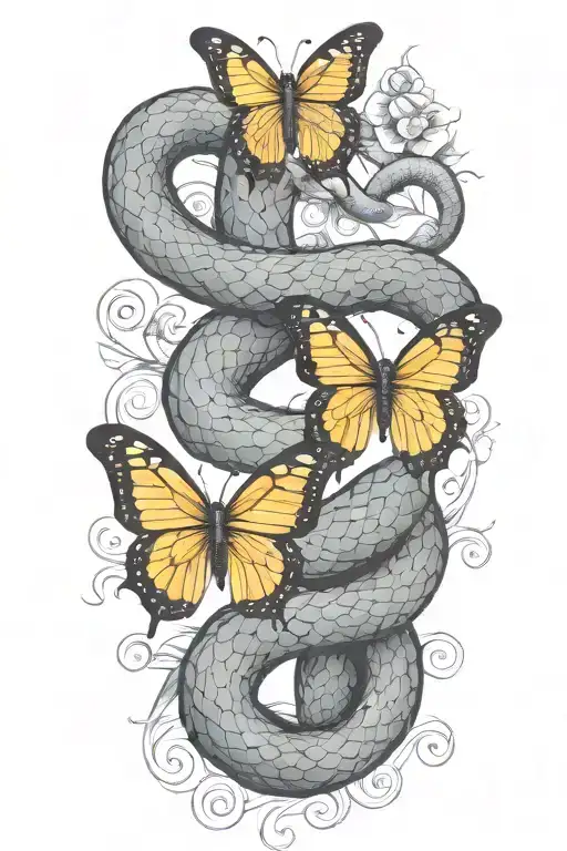 Snake Wrapped And Butterfly Flying