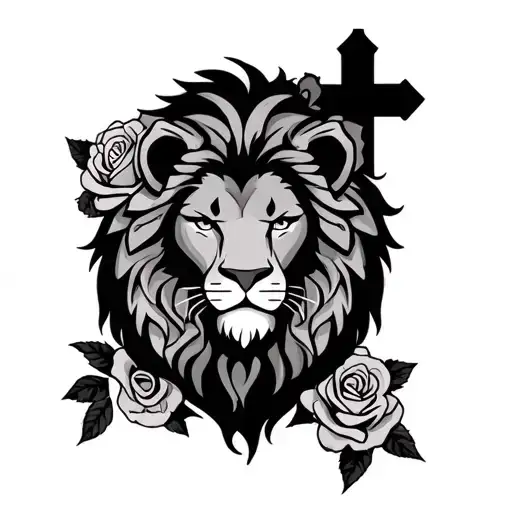 Fem Lion With Roses With Cross And Smile Now Cry Later