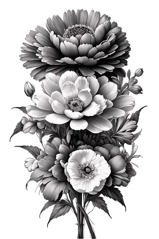 Bouquet Of Marigold And Peony And Narcissus Flowers With More Negative Space