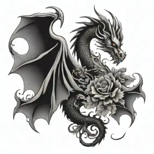 A Graceful Dragon With Flowing Wings And Floral Accents