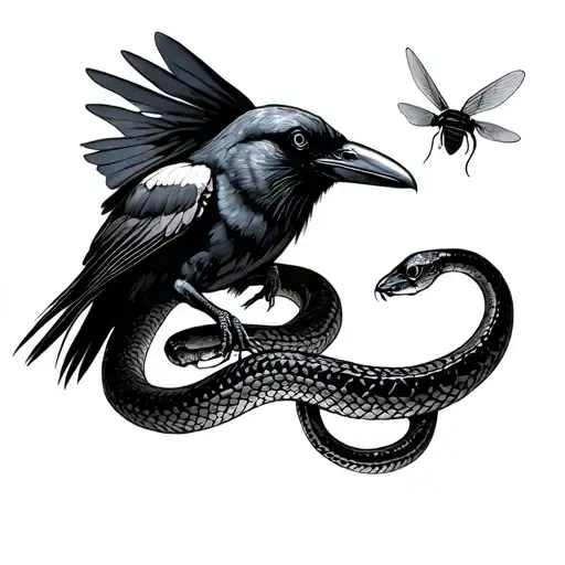 Crow Flies Eating A Snake