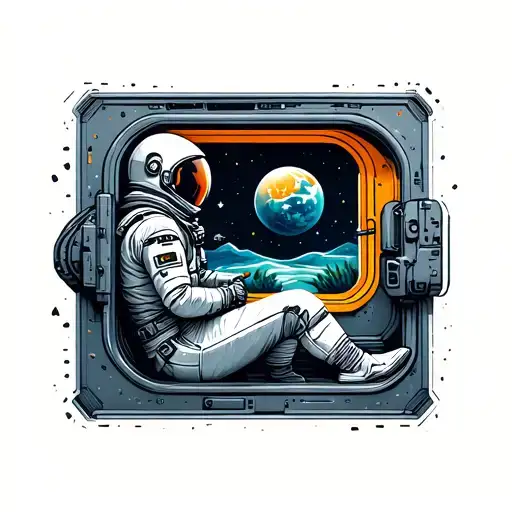 Astronaut Sitting In Spaceship Looking Out The Window At A Colorful Oasis