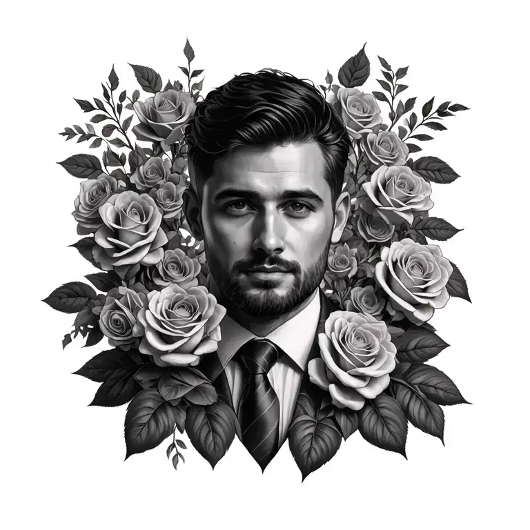 A Detailed Black And Grey Portrait Of A Manager Surrounded By A Garden Of Roses