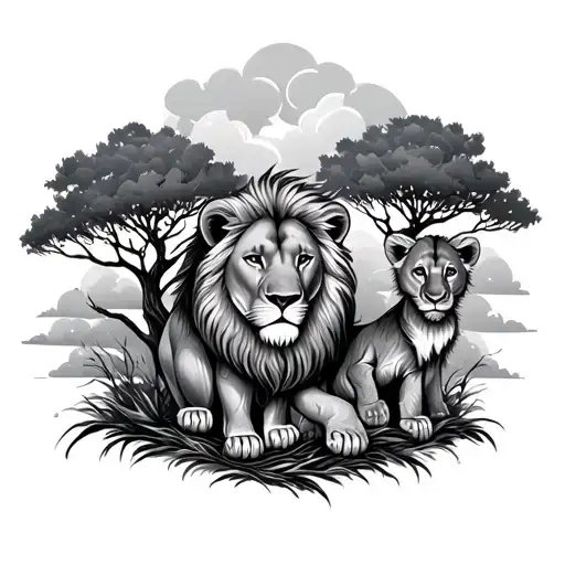 Lion And Cub Surrounded By Trees And Clouds