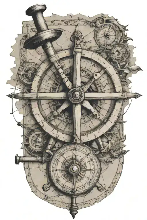 Sextant Terchnical Drawing On Faded Ancient Map