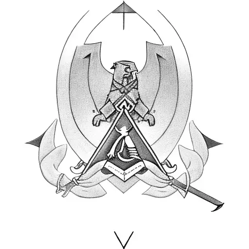 A Black-grey Tattoo Of A Businessman Holding A Sword With Masonic Symbols In The Background