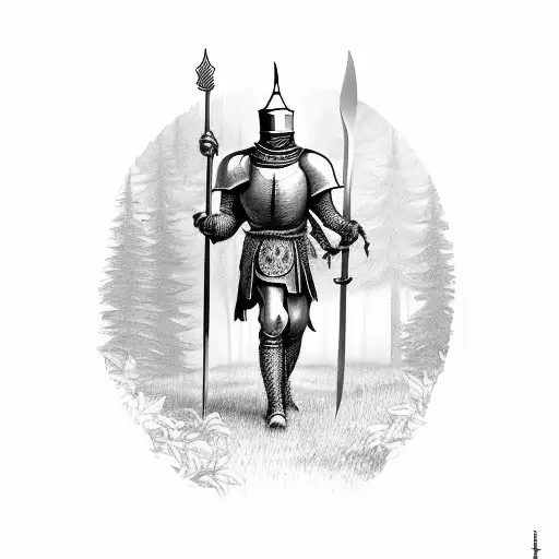Heraldic Knight Walking Out Of The Forest With Boar Spear In The Twilight