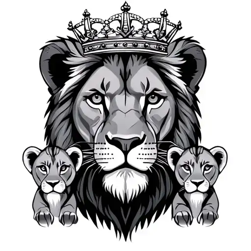 Male Lion With Crown And Two Cubs Face Only