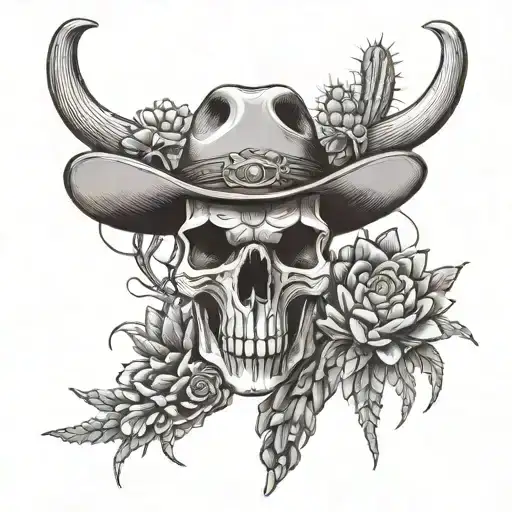 Western And Cowskull With Cactus Growing