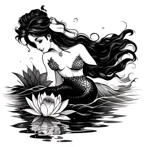 Ariel The Mermaid With Water Lily And Waves