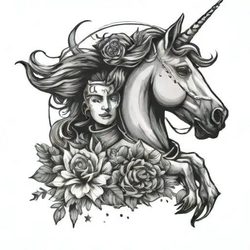 Unicorn With An Astronaut In Space With Flowers And Stars