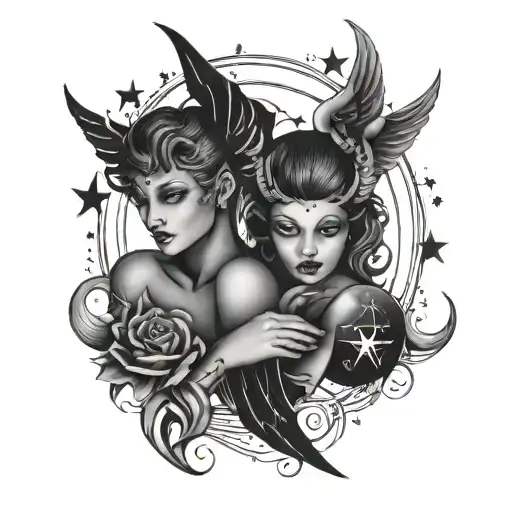 Gemini Symbol With Stars And Devil And Angel