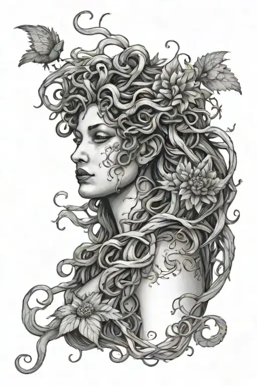 Medusa As A Statue Full Body With Angel Wings And Wrapped In Thorn Vines With Dahlias