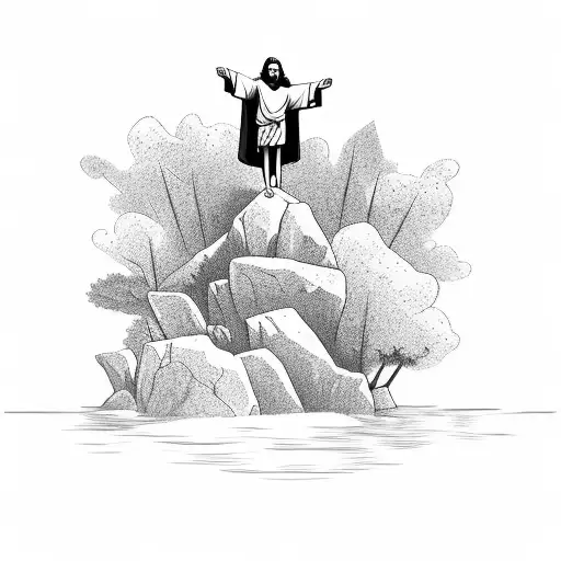 Jesus Standing On A Edge Of A Cliff Viewing Water And Mountains
