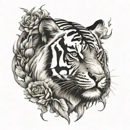 Create A Tattoo Of A Tiger Surrounded By Golondrinas In A Black-grey Style