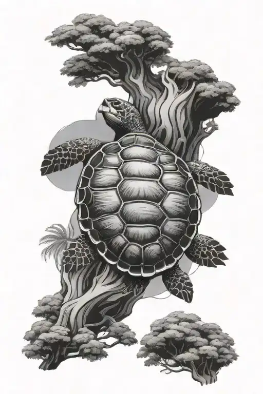 Create An Image Of A Sea Turtle From A Top View And Inside The Shell Is A Banyan Tree