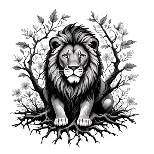 Sitting Lion Amongst Tree Roots With Flowers