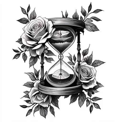 Roses Surrounded By Hourglass And Compass Floral Sleeve Tattoo Design