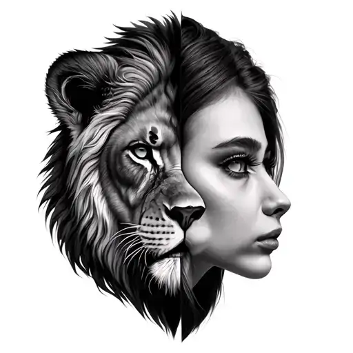 Half Face Lion And Half Face Of Autochtone Woman Looking Front