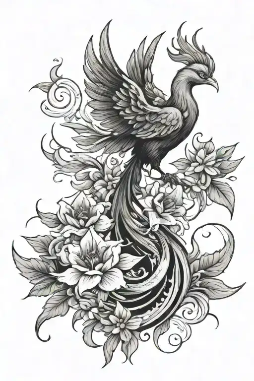 Painted Pheonix Rising Moon And Flowers Growing