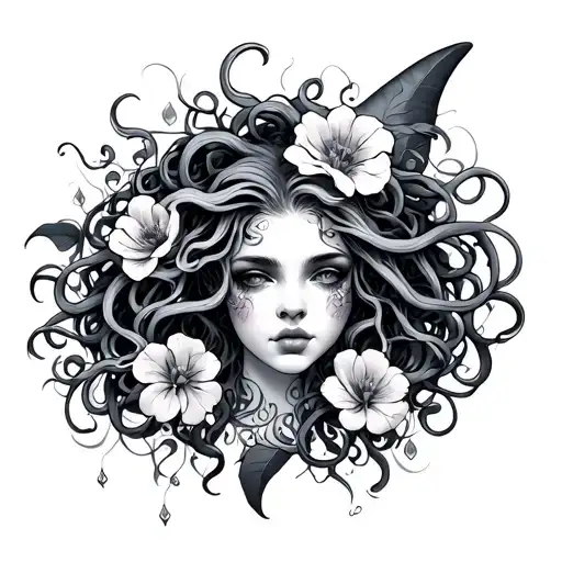 Medusa With Discreet Flowers And Shark