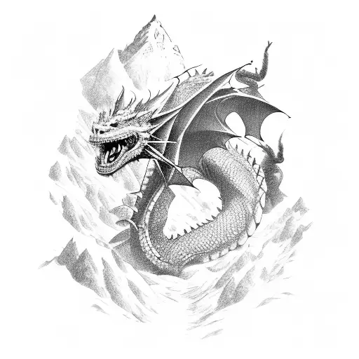 Group Of Adventurers Battling A Dragon In A Mountainous Landscape