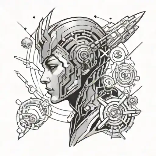 A Tattoo Design Of A Cybernetic Anime Character Exploring A Galaxy Filled With Blockchain Symbols