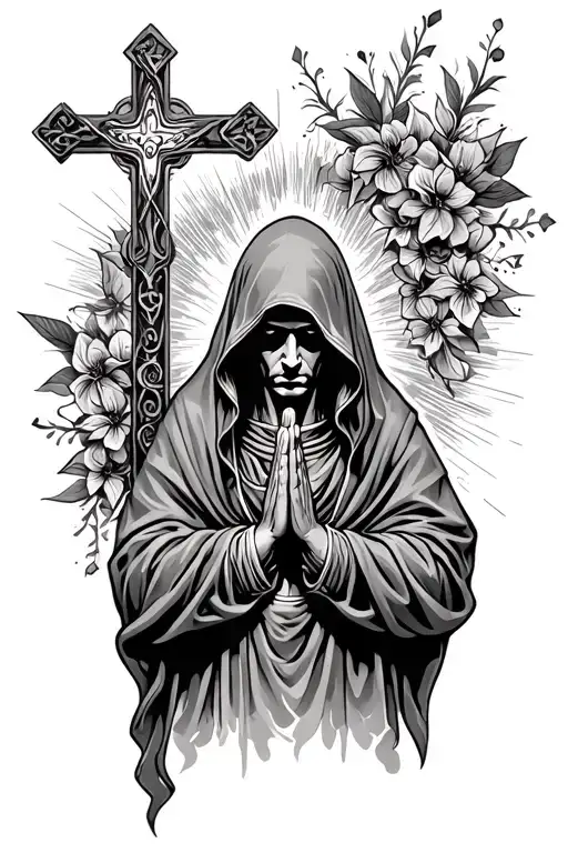 Dark Hooded Figure Praying To A Cross