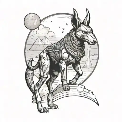 Anubis Standing Outside The Pyramids And Looking At A Full Moon