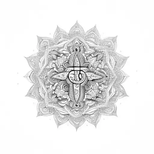 An Intricate Mandala Design Incorporating Religious Symbols Like Crosses And Doves