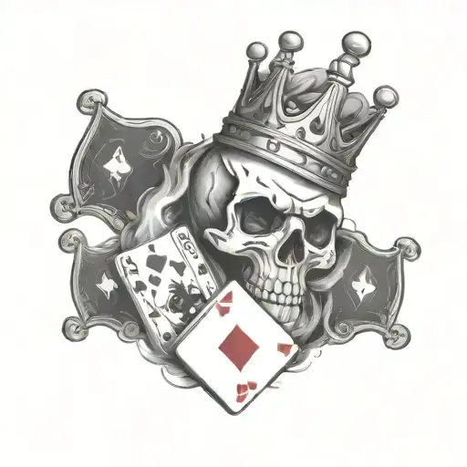 Skull With A Crown With Playing Cards And Dice Rolling With Smoke