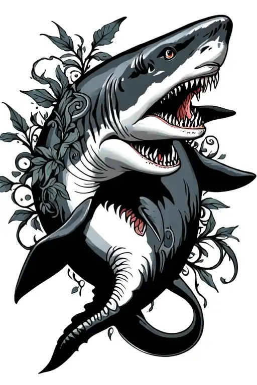 Hammerhead Shark Back On The Back With Vines And Designs In A Line