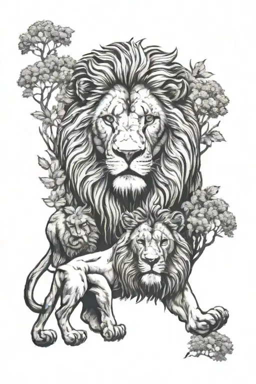 Lion With Lioness And Trees Background Looking