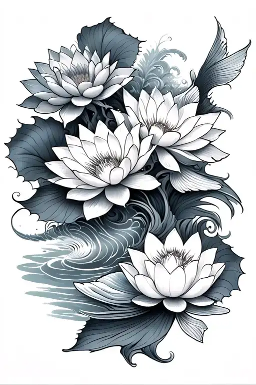 Three Lotus Flowers And One Koi Fish Sleeve With Waves Tattoo Sleeve