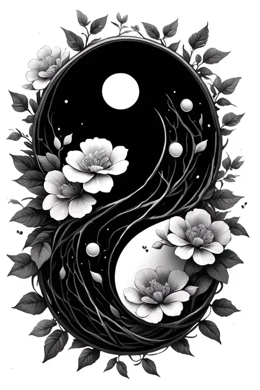 Yin And Yang Symbol With Flowers Wrapped Vines In Background