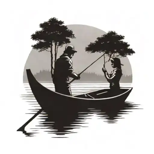 Man And Wife Fishing On A Boat With Trees In The Background And Mountain