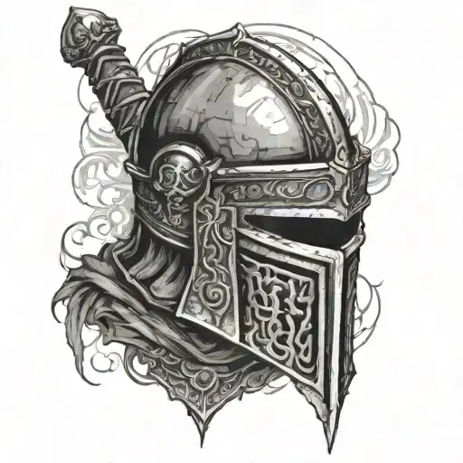 Dark Souls 3 Knight Helmet On Top Of Longsword With Ribbion Wrapped Around It