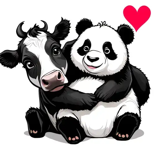 Cow Hugging A Panda With A Heart Around Them