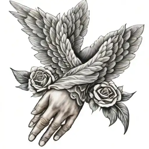 Angel Wings With Rosery Wrapped Around The Hand