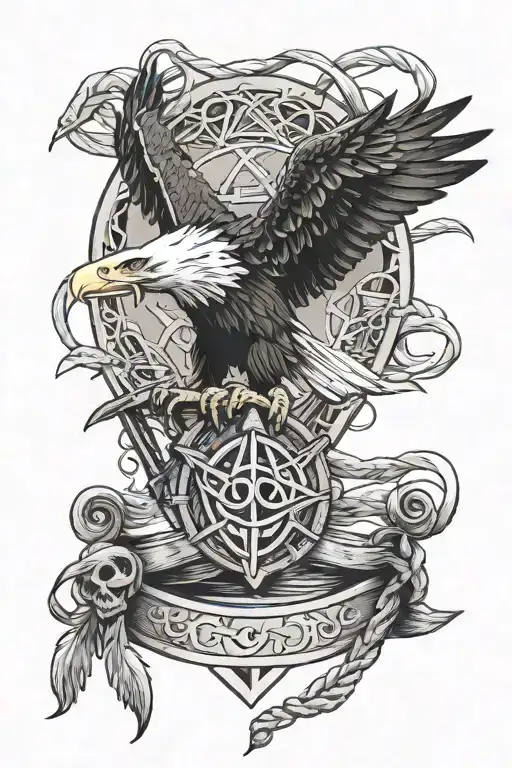 Eagle With Triquetra Symbol And A Beach And Chair With Sailing Rope Intertwined