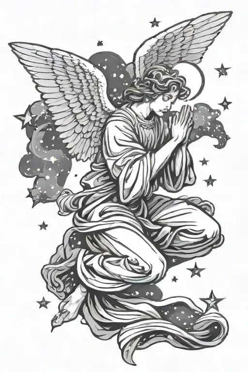 Angel Praying In The Sky Filled With Stars