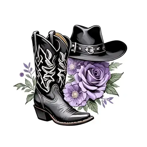 Cowboy Boot And Hat And Flowers Purple Rose